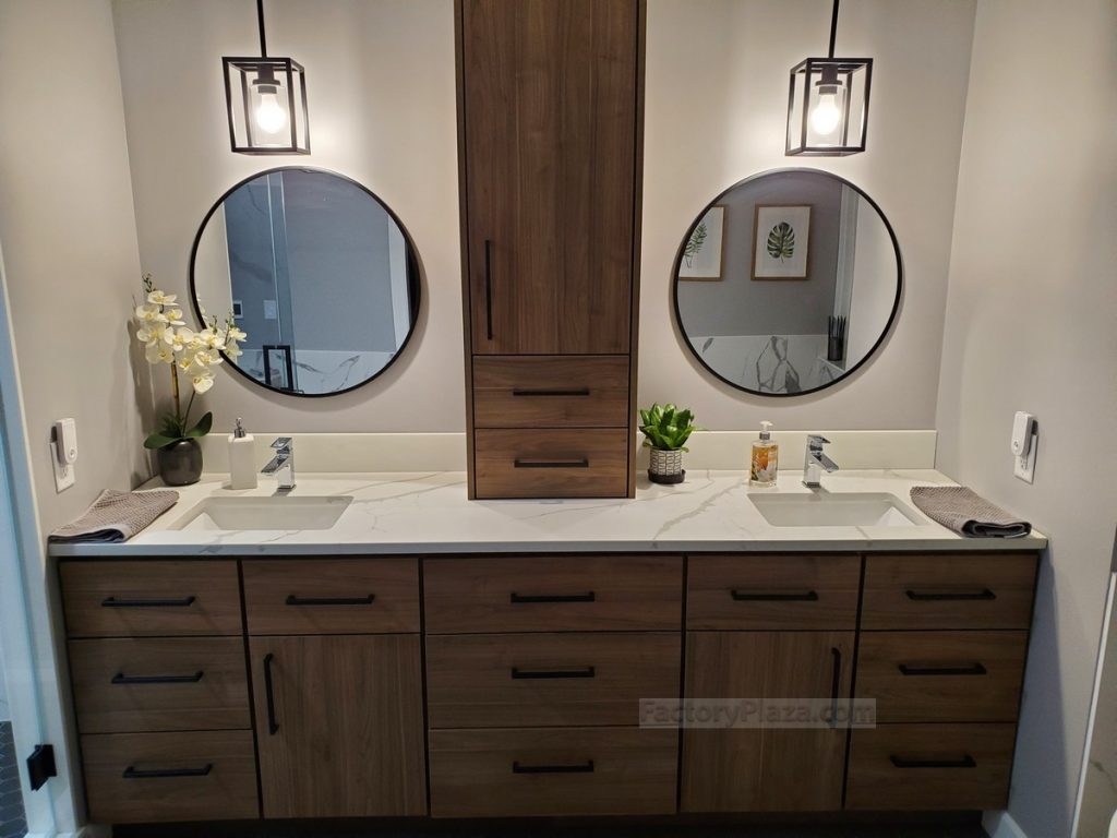 Calacatta Vanity top and melamine slab door vanities 1