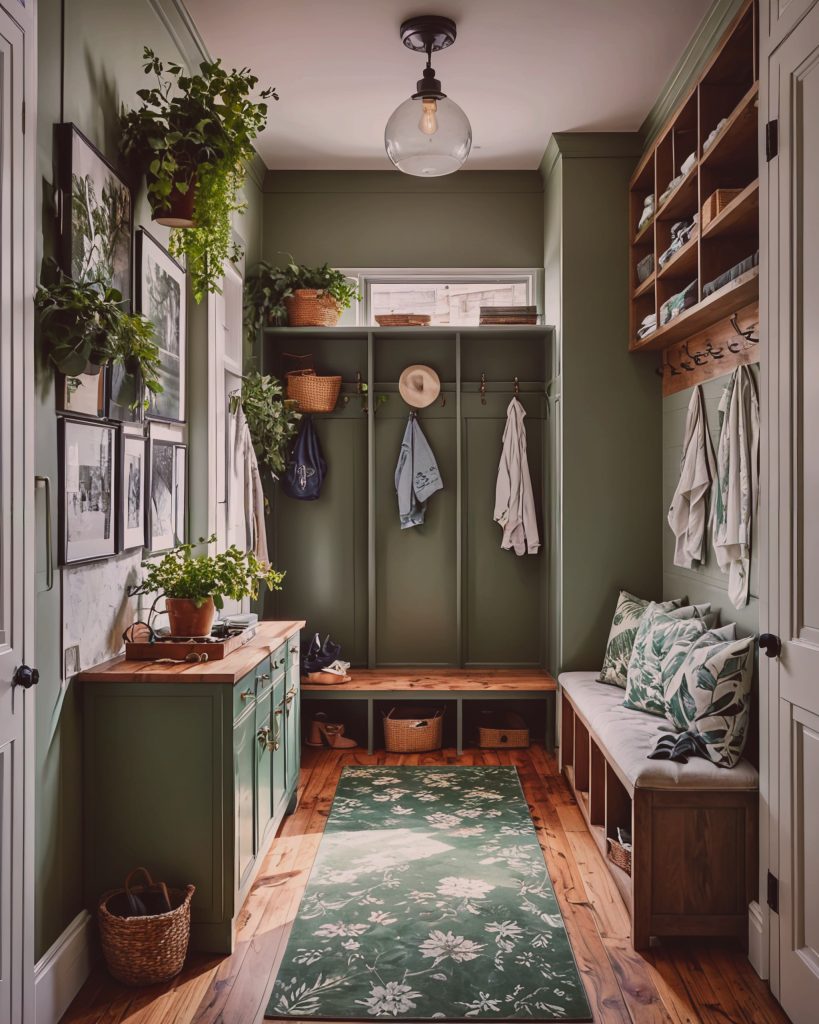 Mudroom with wood floor and white green cabinets 2