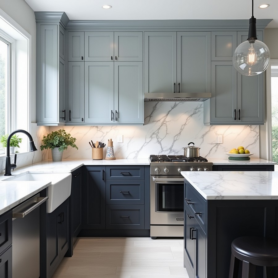 gray blue wall shaker cabinets and black base cabients calacatta countertops