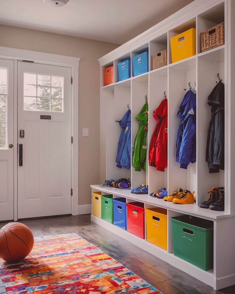 modern mudroom and white color melamine colorful labeled cubbies for each child with soccer cleats to winter hats had its place