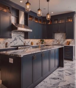 shaker kitchen cabinets with gray blue top cabinets and black bottom cabinets and calacatta countertops 2