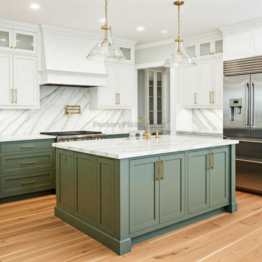 2 color cabinets green base and white wall kitchen cabinets and calacatta quartz countertops with veins