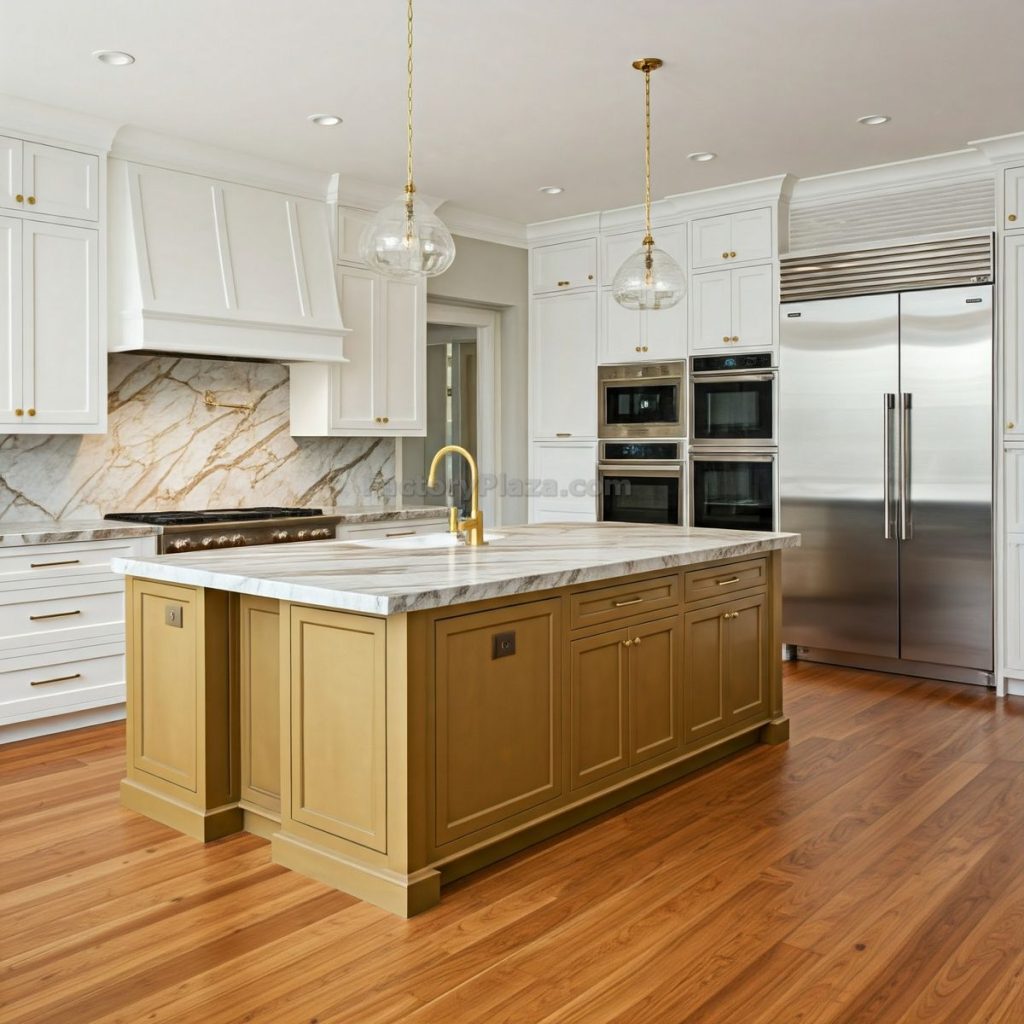 Golden and white kitchen cabinets and white calacatta quartz countertops with veins