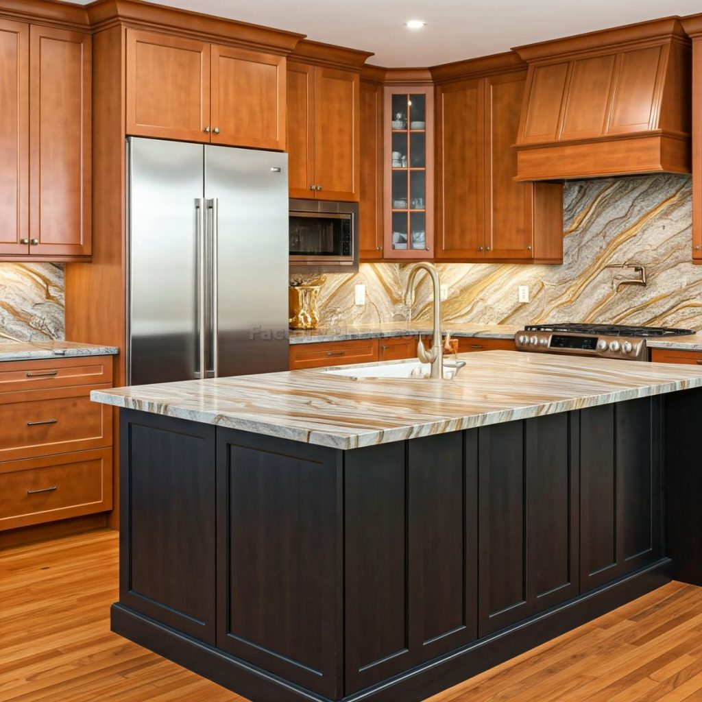 Maple kitchen cabinets and quartz countertops with gold veins