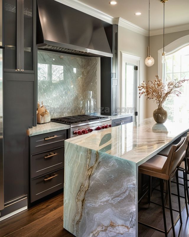 Kitchen countertops and island with translucent quartzite cristallo transparent quartzite