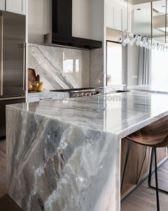 crystallo quartzite stone showing clear white gray and gold tones translucent countertops big island